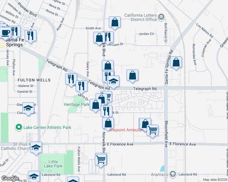 map of restaurants, bars, coffee shops, grocery stores, and more near in Santa Fe Springs