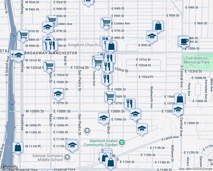 map of restaurants, bars, coffee shops, grocery stores, and more near 435 East 104th Street in Los Angeles