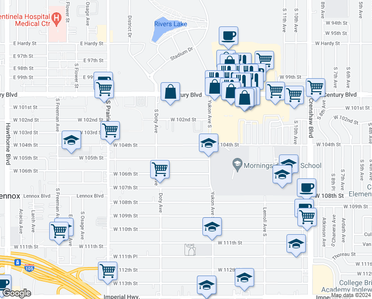 map of restaurants, bars, coffee shops, grocery stores, and more near 3627 West 104th Street in Inglewood