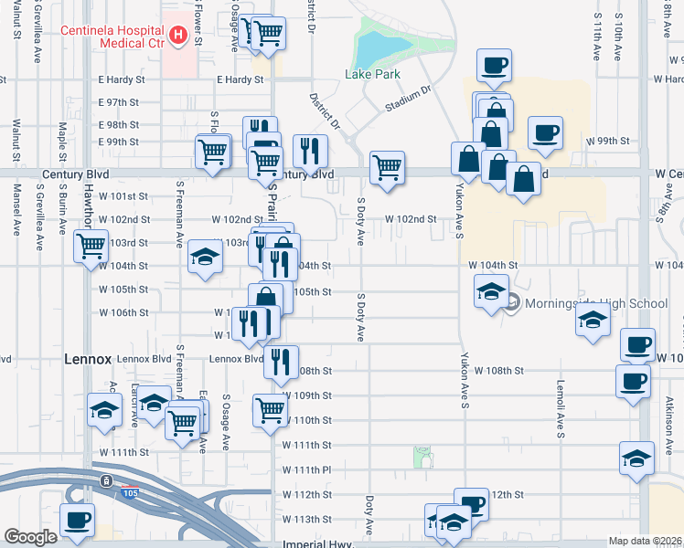 map of restaurants, bars, coffee shops, grocery stores, and more near 3835 West 104th Street in Inglewood