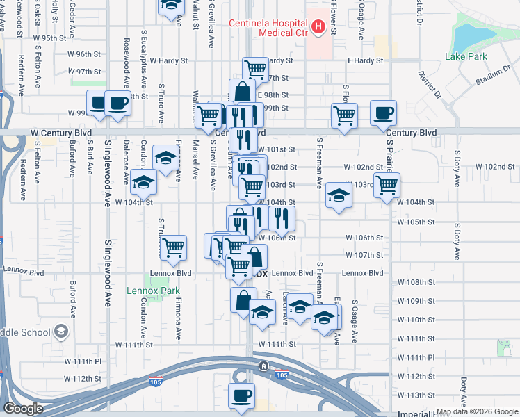 map of restaurants, bars, coffee shops, grocery stores, and more near 4329 West 104th Street in Inglewood