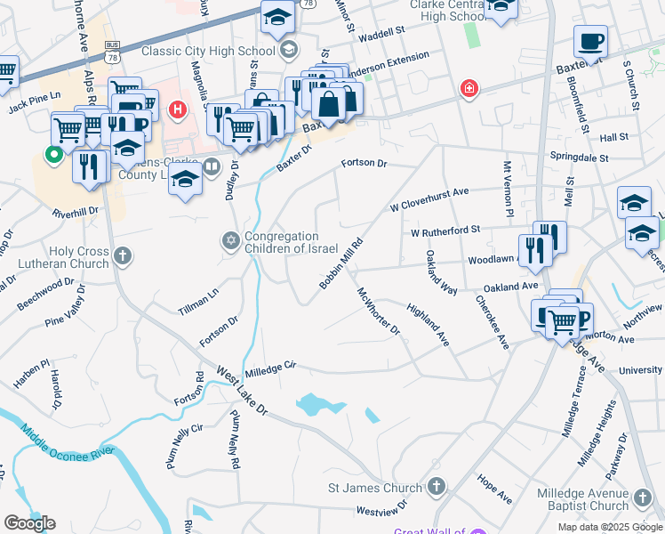map of restaurants, bars, coffee shops, grocery stores, and more near 195 Fortson Circle in Athens