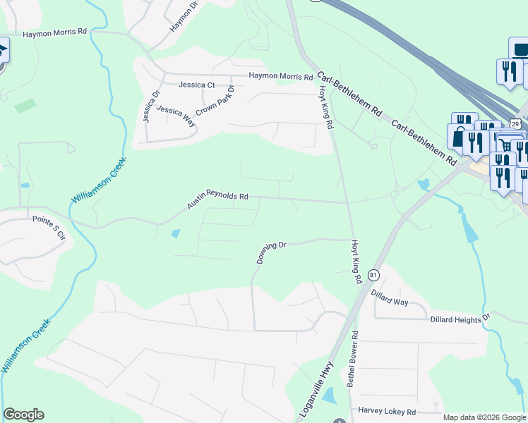 map of restaurants, bars, coffee shops, grocery stores, and more near 754 Austin Reynolds Road in Bethlehem