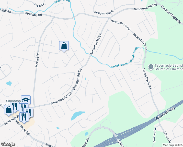 map of restaurants, bars, coffee shops, grocery stores, and more near 1827 Shaker Falls Lane in Lawrenceville