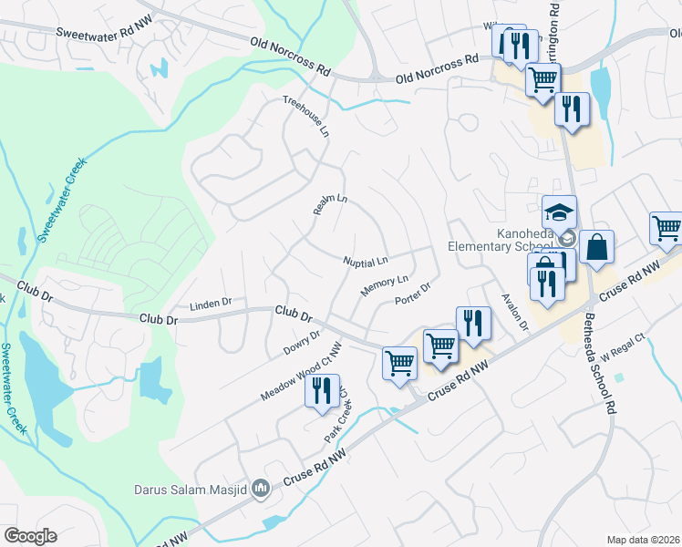 map of restaurants, bars, coffee shops, grocery stores, and more near 1242 Dowry Drive in Lawrenceville