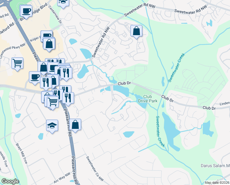 map of restaurants, bars, coffee shops, grocery stores, and more near 3402 Water Vistas Parkway in Lawrenceville
