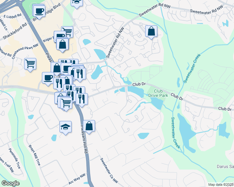 map of restaurants, bars, coffee shops, grocery stores, and more near 3444 Club Drive in Lawrenceville