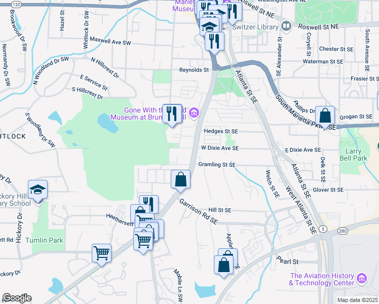 map of restaurants, bars, coffee shops, grocery stores, and more near 12 West Dixie Avenue Southeast in Marietta