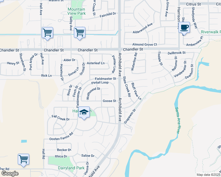 map of restaurants, bars, coffee shops, grocery stores, and more near 14253 Wolfhound Street in Corona