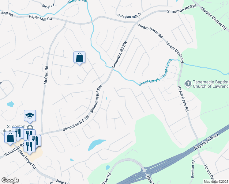 map of restaurants, bars, coffee shops, grocery stores, and more near 1827 Shaker Falls Lane in Lawrenceville