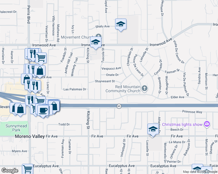 map of restaurants, bars, coffee shops, grocery stores, and more near 25665 Stuyvesant Street in Moreno Valley