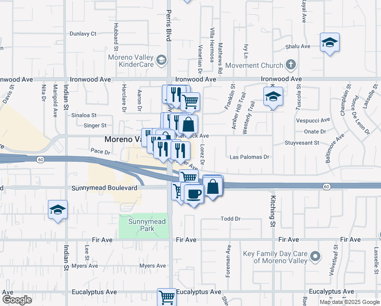 map of restaurants, bars, coffee shops, grocery stores, and more near 12264 Perris Boulevard in Moreno Valley