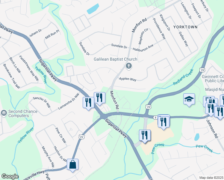 map of restaurants, bars, coffee shops, grocery stores, and more near 1478 Monfort Road in Lawrenceville