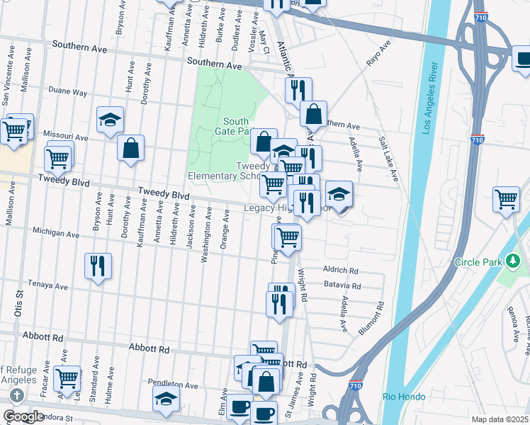 map of restaurants, bars, coffee shops, grocery stores, and more near 4954 Tweedy Boulevard in South Gate