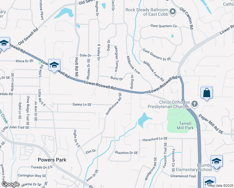 map of restaurants, bars, coffee shops, grocery stores, and more near 2750 Lower Roswell Road in Marietta