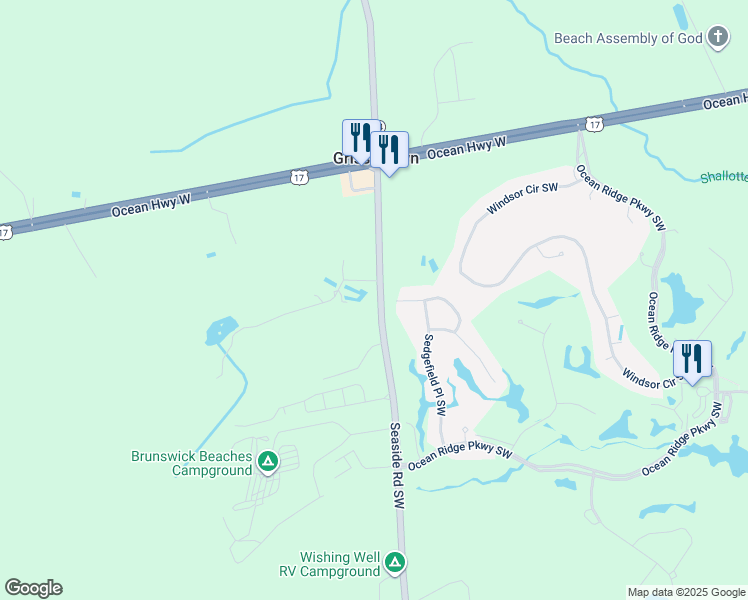 map of restaurants, bars, coffee shops, grocery stores, and more near 148 Seaside Road Southwest in Sunset Beach