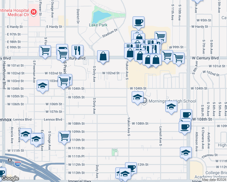 map of restaurants, bars, coffee shops, grocery stores, and more near 3645 West 104th Street in Inglewood