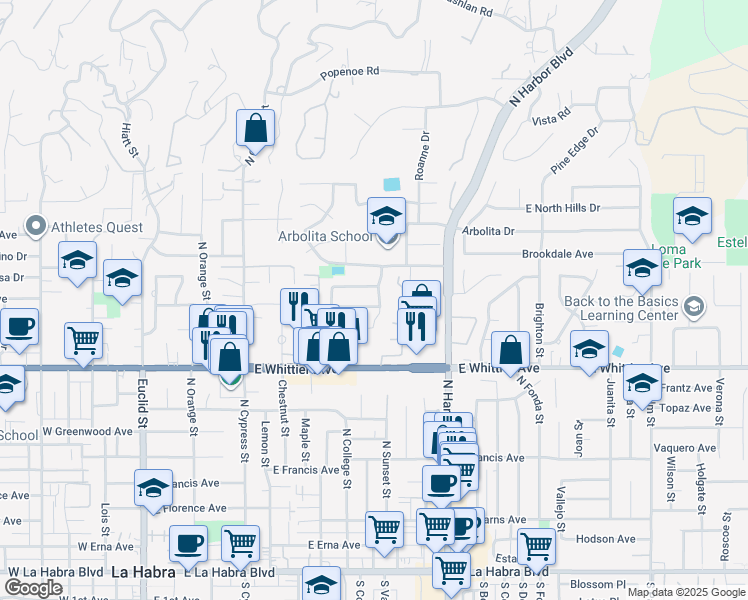 map of restaurants, bars, coffee shops, grocery stores, and more near 1040 Meadow Lark Street in La Habra