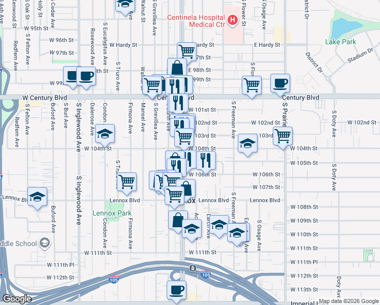 map of restaurants, bars, coffee shops, grocery stores, and more near 4329 West 104th Street in Inglewood