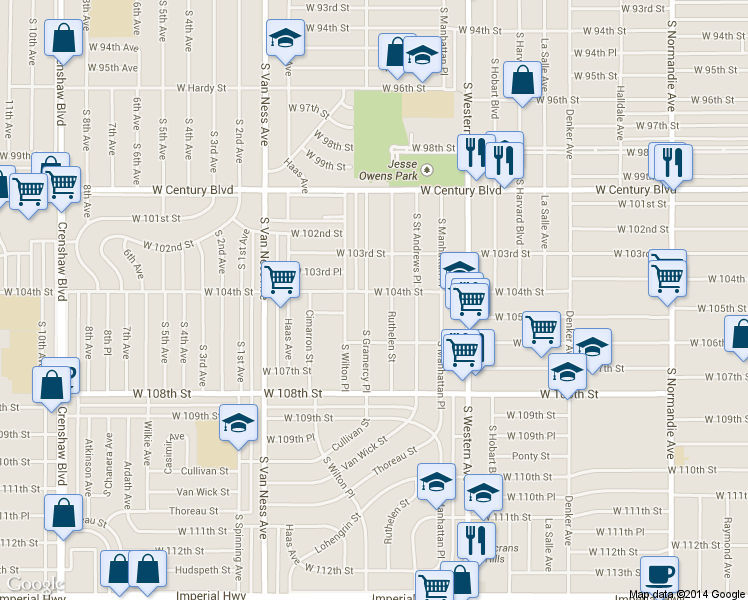 map of restaurants, bars, coffee shops, grocery stores, and more near 10404 South Gramercy Place in Los Angeles