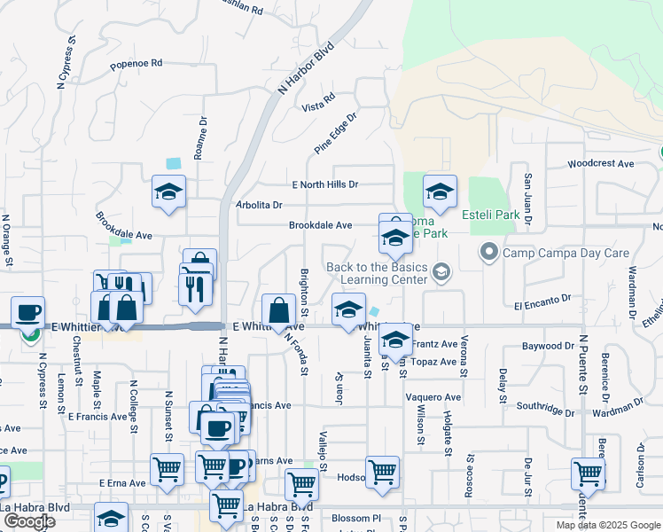 map of restaurants, bars, coffee shops, grocery stores, and more near 1020 Shelburne Street in La Habra