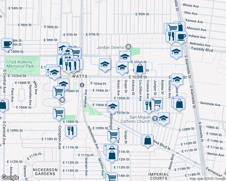 map of restaurants, bars, coffee shops, grocery stores, and more near 10376 Wilmington Avenue in Los Angeles