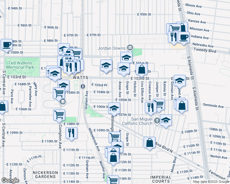 map of restaurants, bars, coffee shops, grocery stores, and more near 10376 Wilmington Avenue in Los Angeles