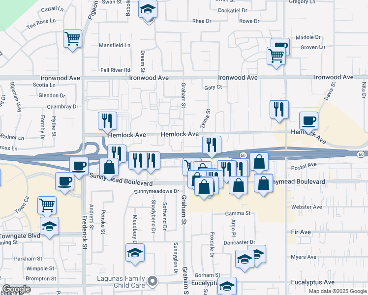 map of restaurants, bars, coffee shops, grocery stores, and more near 12325 Graham Street in Moreno Valley