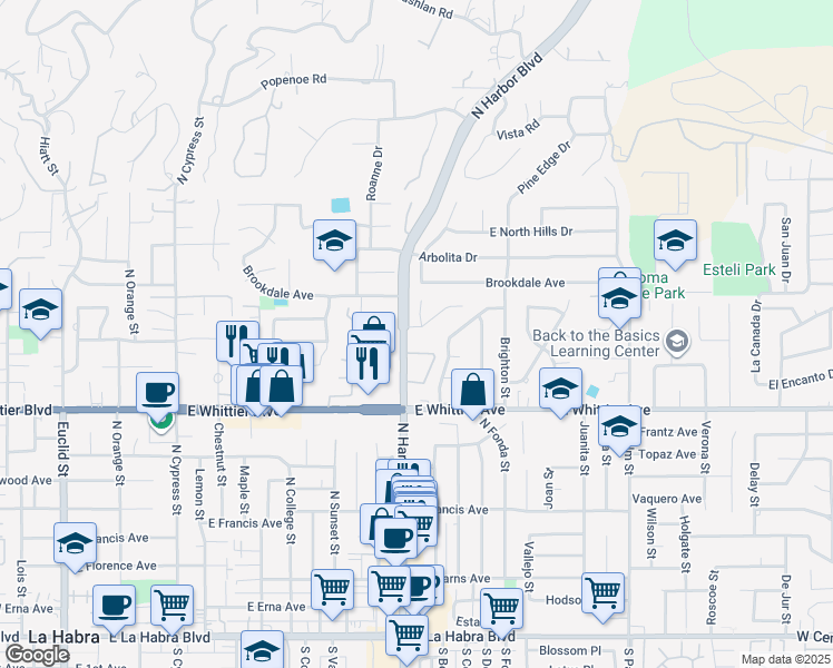 map of restaurants, bars, coffee shops, grocery stores, and more near 1210 Carmela Lane in La Habra