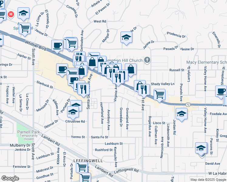 map of restaurants, bars, coffee shops, grocery stores, and more near 15930 La Forge Street in Whittier