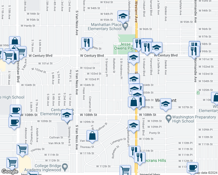 map of restaurants, bars, coffee shops, grocery stores, and more near 10404 South Gramercy Place in Los Angeles