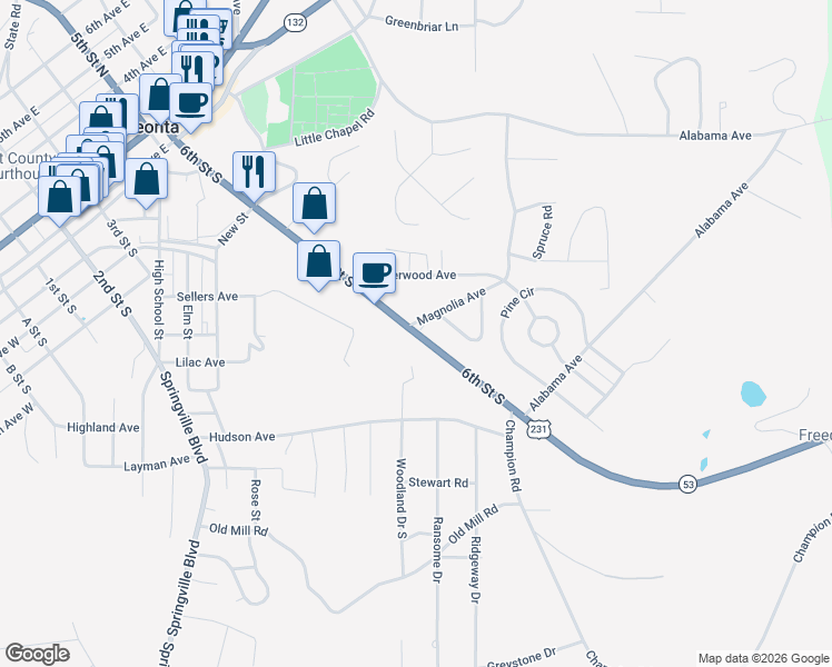 map of restaurants, bars, coffee shops, grocery stores, and more near 415 6th St S in Oneonta