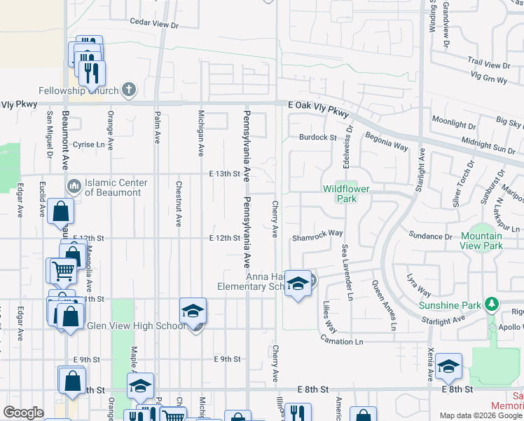 map of restaurants, bars, coffee shops, grocery stores, and more near 1250 Pennsylvania Avenue in Beaumont