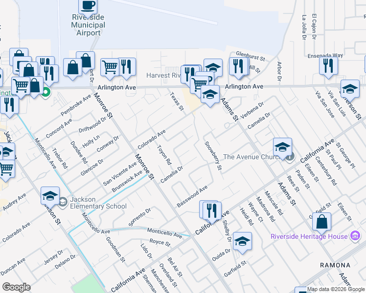 map of restaurants, bars, coffee shops, grocery stores, and more near 8529 Brunswick Avenue in Riverside