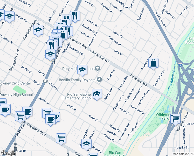 map of restaurants, bars, coffee shops, grocery stores, and more near 10310 Woodruff Avenue in Downey