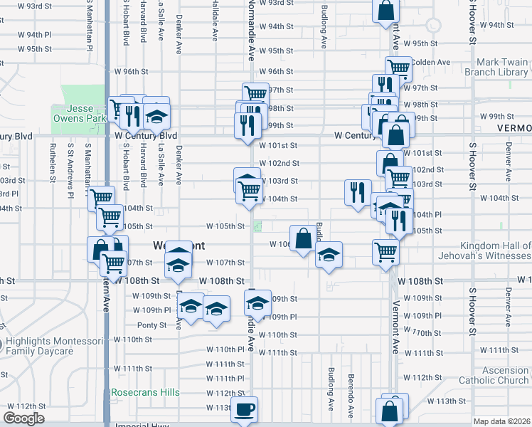 map of restaurants, bars, coffee shops, grocery stores, and more near 1318 West 104th Street in Los Angeles