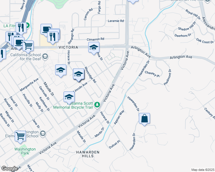 map of restaurants, bars, coffee shops, grocery stores, and more near in Riverside