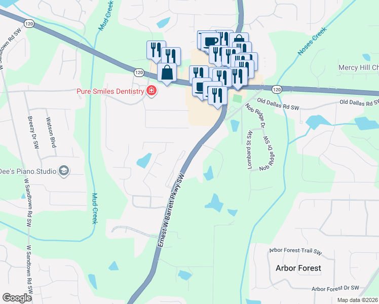map of restaurants, bars, coffee shops, grocery stores, and more near 523 Winding Ridge Circle in Marietta