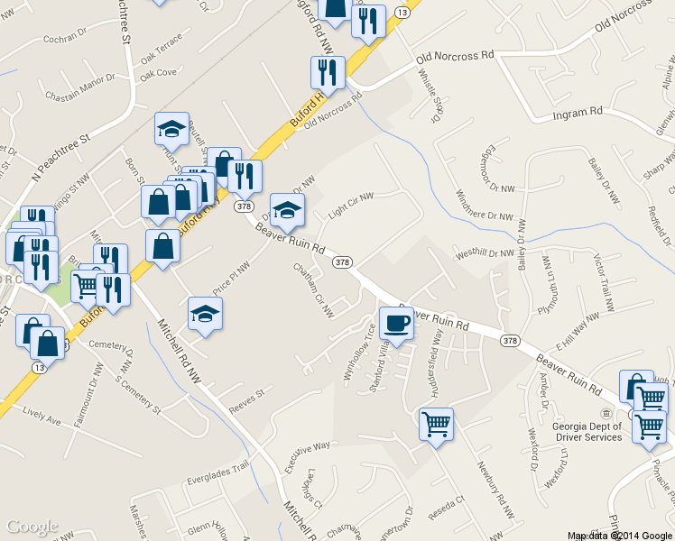 map of restaurants, bars, coffee shops, grocery stores, and more near 2405 Beaver Ruin Road in Norcross