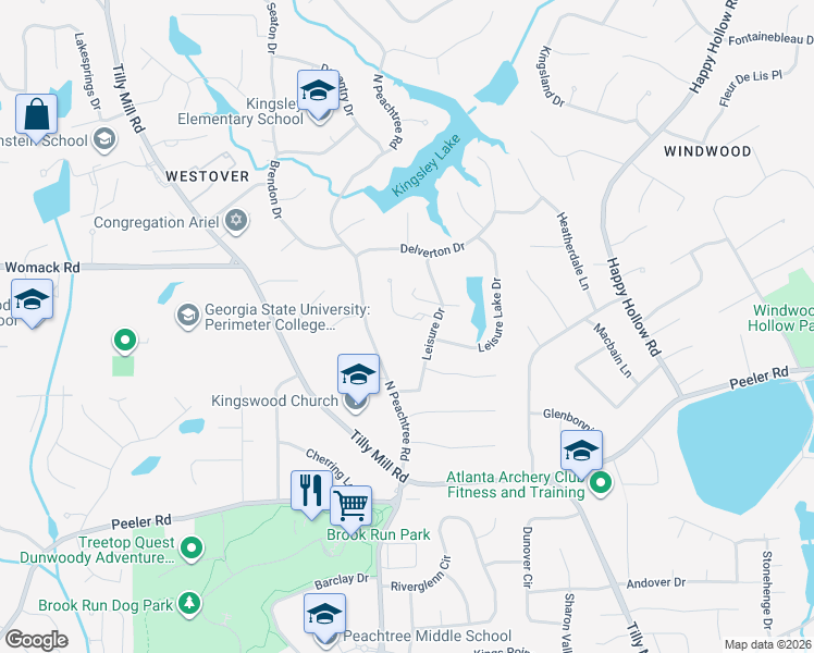 map of restaurants, bars, coffee shops, grocery stores, and more near 4936 Leisure Drive in Dunwoody