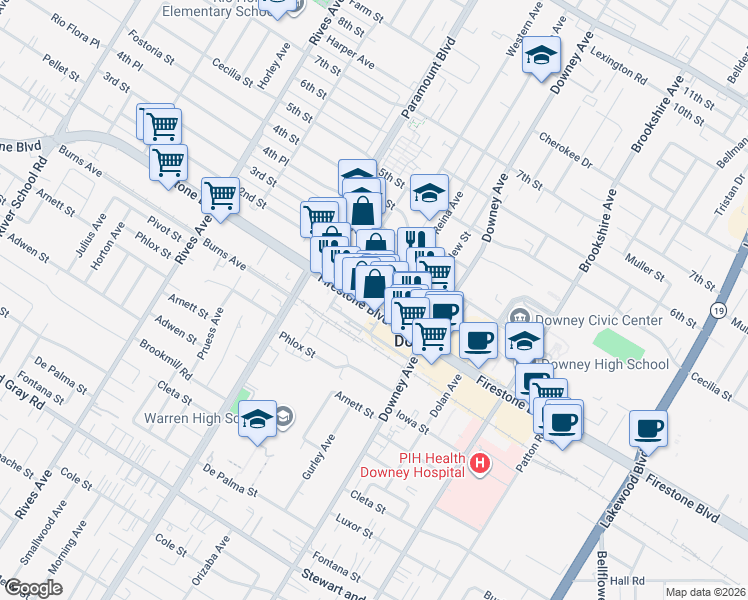 map of restaurants, bars, coffee shops, grocery stores, and more near 8141 Firestone Boulevard in Downey