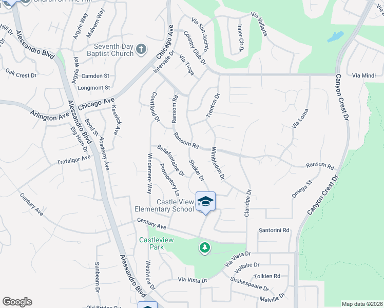 map of restaurants, bars, coffee shops, grocery stores, and more near 6040 Shaker Drive in Riverside