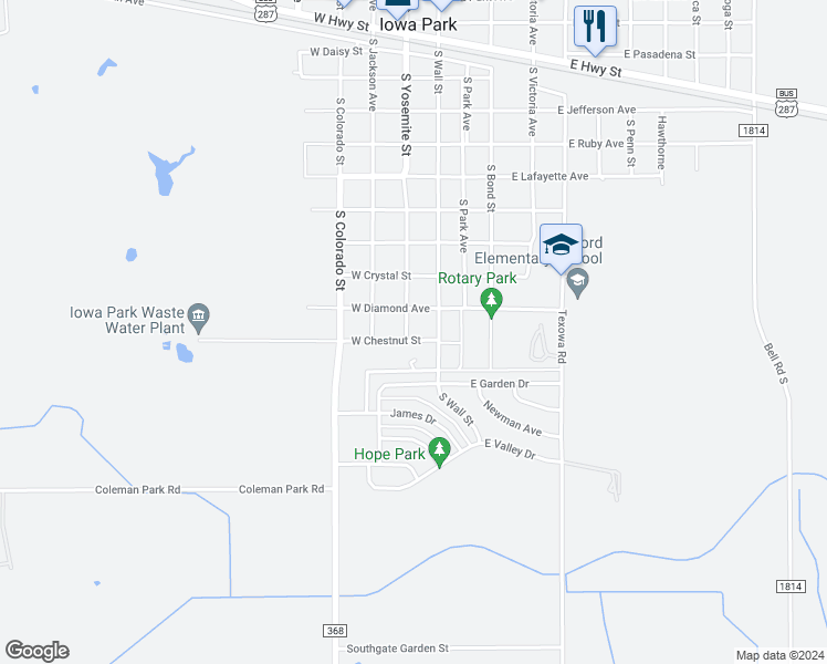 map of restaurants, bars, coffee shops, grocery stores, and more near 108 West Chestnut Street in Iowa Park