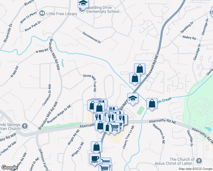 map of restaurants, bars, coffee shops, grocery stores, and more near 6835 Sunny Brook Lane Northeast in Atlanta