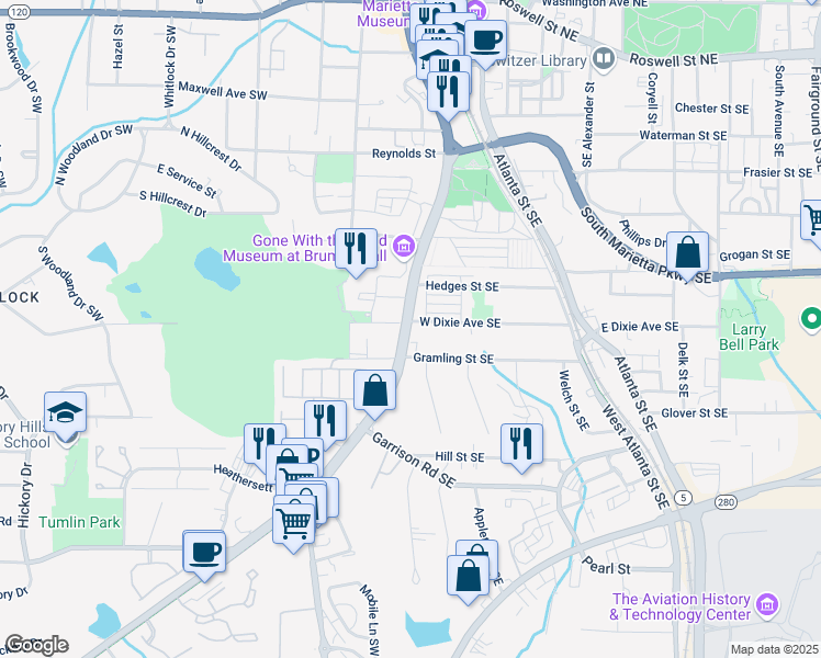 map of restaurants, bars, coffee shops, grocery stores, and more near 12 West Dixie Avenue Southeast in Marietta