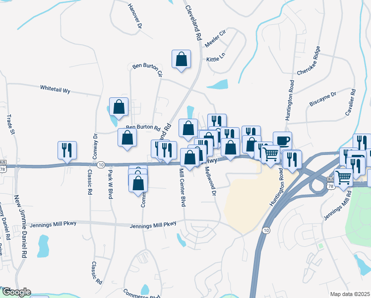 map of restaurants, bars, coffee shops, grocery stores, and more near 3890 Atlanta Hwy in Bogart