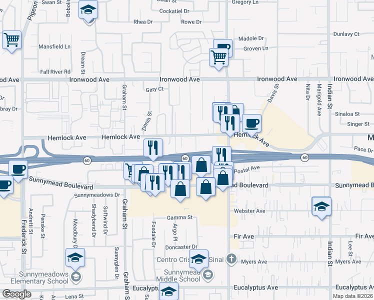 map of restaurants, bars, coffee shops, grocery stores, and more near 23815 Hemlock Avenue in Moreno Valley