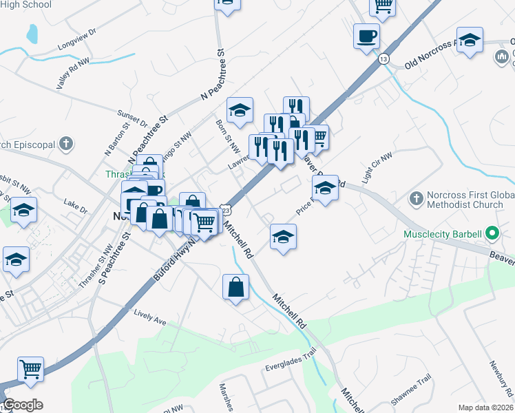 map of restaurants, bars, coffee shops, grocery stores, and more near 100 Summer Place Northwest in Norcross