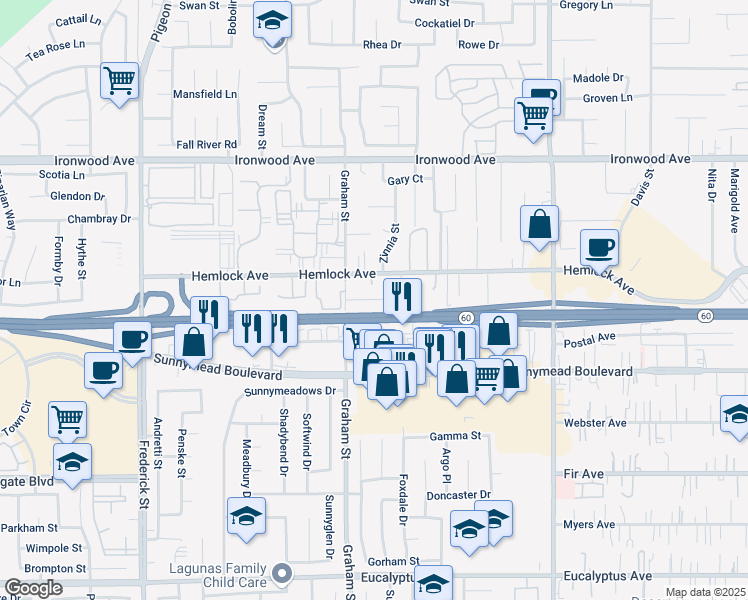 map of restaurants, bars, coffee shops, grocery stores, and more near 23540 David Lane in Moreno Valley