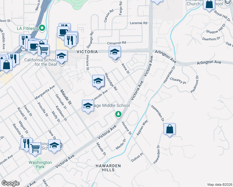 map of restaurants, bars, coffee shops, grocery stores, and more near 2875 Westridge Road in Riverside